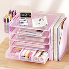 Desk Organizers and Accessories, 5-Tier Paper File Organizer with Drawer & Pen Holder, Office Desk Accessories Workspace Desktop Organizer for Office Supplies((Pink)