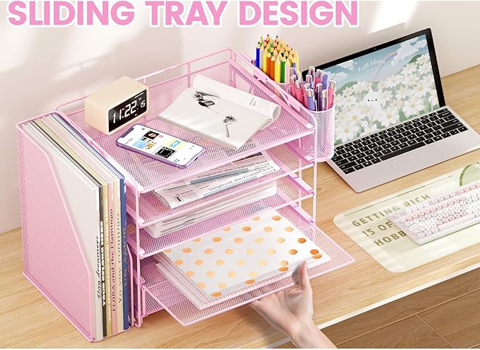 Desk Organizers and Accessories, 5-Tier Paper File Organizer with Drawer & Pen Holder, Office Desk Accessories Workspace Desktop Organizer for Office Supplies((Pink)