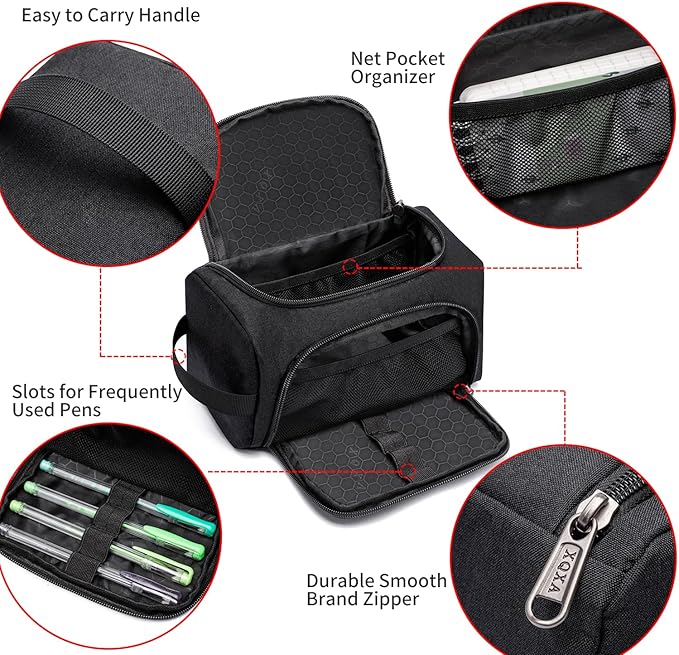 XQXA Large Capacity Pencil Case Organizer, Multifunctional Extra Big Pencil Pouch with Compartmens, Travel Simple Stationery Pen Bag, Fabric Pencil Bag for Men Women Girl Boy (Black)