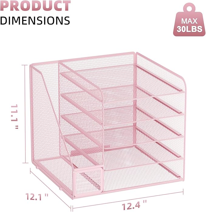 Marbrasse Desk Organizers and Accessories, 5-Tier Paper Letter Tray Organizer with File Holder, Mesh File Organizer, Office Desk Accessories & Organization for Supplies (Pink)