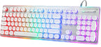 Typewriter Style Keyboard with Metal Panel, Rainbow LED Backlit, Round Keys, Anti-ghosting, Spill Resistant, Light Up USB Wired Retro 104 Keys for Office/Gaming, White/Silver