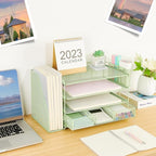 Desk Organizer and Accessories, 4-Tier Desktop File Organizer with Drawer and 2 Pen Holders, Office Desk Accessories for Office Supplies(Green)