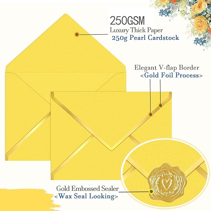 60 Pack Gold Envelopes 5x7 Bulk Yellow, 250G Pearled Cardstock A7 Envelopes for Invitations Business Mailing Envelope with Gold Foil Border, A6 4x6 Envelopes for Wedding Baby Shower Cards