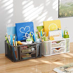 Marbrasse Mesh Desk Organizer, Pen Organizer with 2 Drawer, Multi-Functional Pencil Holder, Desk Organizers and Accessories with 5 Compartments + Drawer for Office Art Supplies (White)