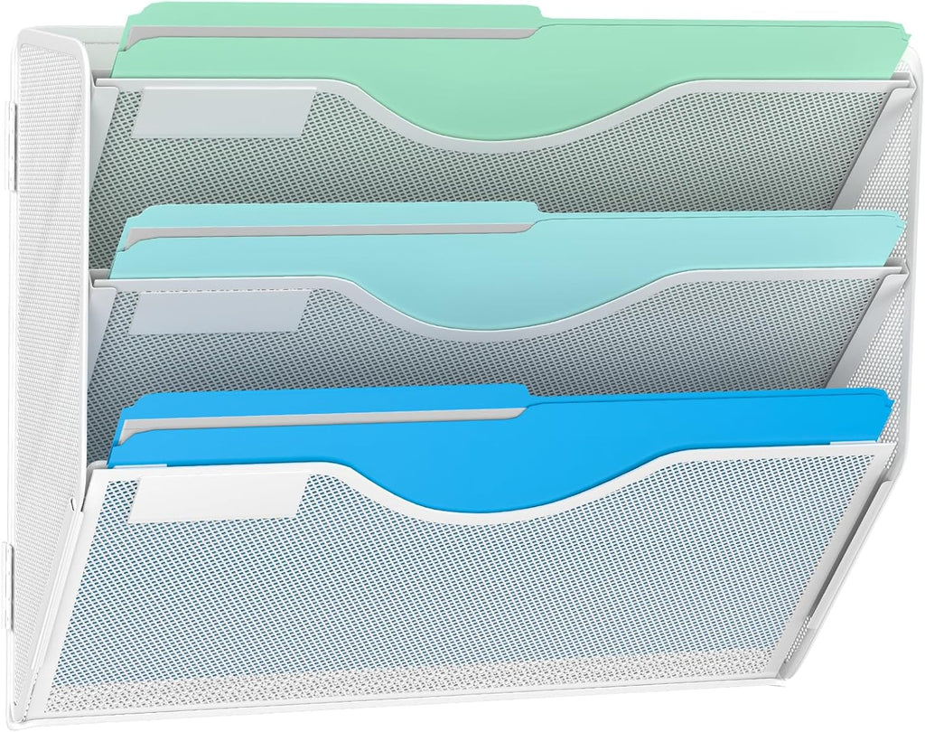 3 Tier Hanging Wall File Organizer, Mesh Mail Paper Orgnization Hanging File Folder Holder for Home Office, White