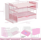 Wood Desk Organizers and Accessories with File Holder, 4-Tier Desk Accessories & Workspace Organizers with Drawer and Pen Holder, Paper Organizer for Office Supplies (Pink)