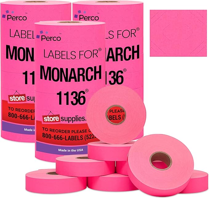 Perco Fuorescent Pink Pricing Labels for Monarch 1136 Price Gun – 3 Sleeves, 24 Rolls Value Pack - 42,000 Price Marking Labels – with Ink Rolls Included