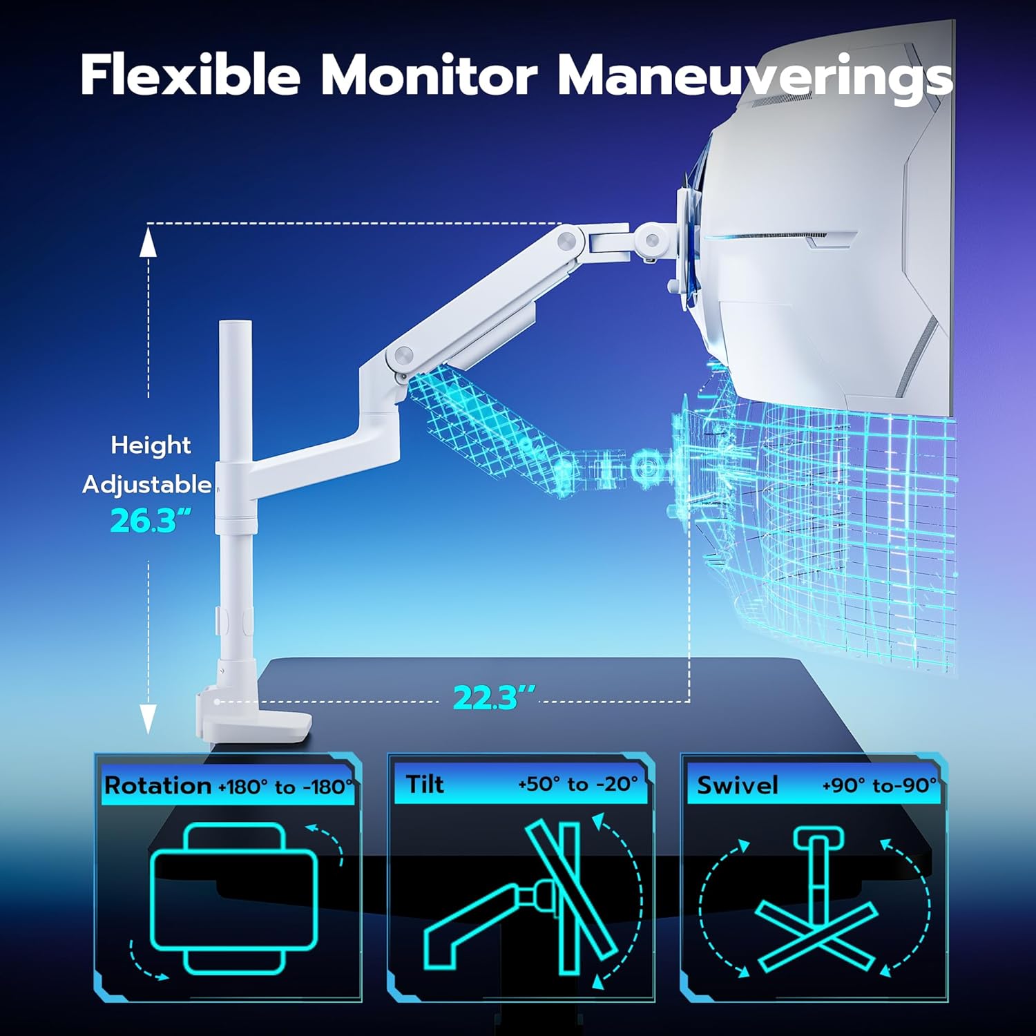 ARES WING Heavy-Duty Monitor Mount for 17-49 inches Ultrawide Curved Flat Monitors, Holds 44lbs, with Extended Column for Desk, Adjustable Gas Spring, White