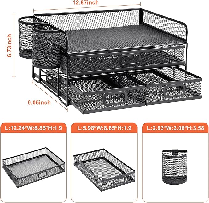 Marbrasse 3 Tier Mesh Desk Organizer with Drawer, Multi-Functional Desk Organizers and Accessories, Paper Letter Organizer with 2 Pen Holder for Home Office Supplies (Black)
