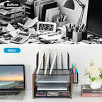 Wood Desk Organizers and Accessories, 4-Tier Workspace Desktop Paper Organizer with Drawer, 5 Vertical File Holders and Pen Holder for Office Supplies