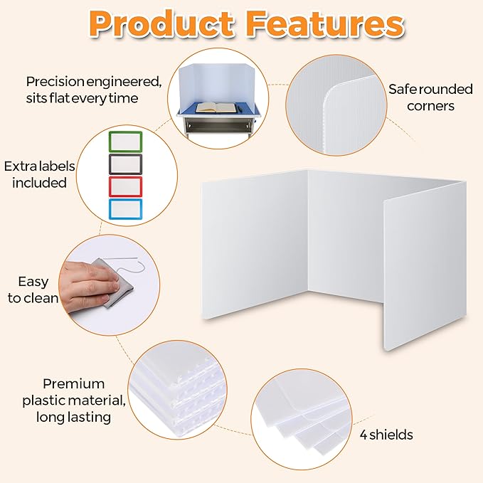 4-Pack Classroom Privacy Shields for Student Desks - Easy to Clean Plastic Desk Divider Folder Study Carrel Sneeze Guard for Student Testing Dividers Boards