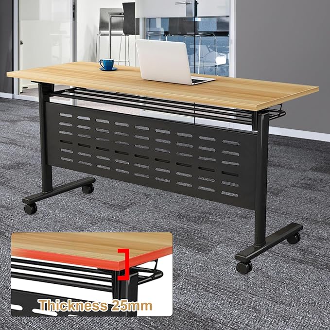Folding Conference Table, Maple Brown Folding Conference Room Table with One-Touch Fold Button & 360° Swivel Casters, Space-Saving Mobile Meeting Table for Offices, Training Rooms(4PCS)