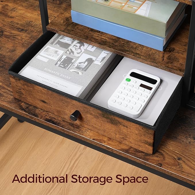 Home Printer Stand for Desk, Desktop Printer Table with Storage Drawer and Side Book Stand, 2-Tier Printer Shelf, Desk Organizer for Home Office, Rustic Brown and Black PTHR3001