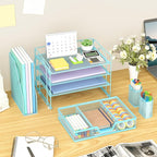 Marbrasse Desk Organizer and Accessories，4-Tier Paper Letter Tray Organizer with File Holder, Desk Accessories & Workspace Organizers with Drawer and 2 Pen Holder (Blue, 15.4" x 9.1" x 8.3")