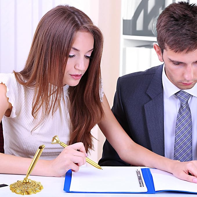 Outus 2 Pieces Gold Wedding Pens for Guest Book Signing Diamond Pen with Hollow Round Holder Stand Set for Wedding Bridal Engagement Reception Supplies