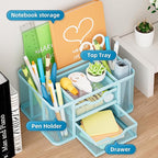 Marbrasse Mesh Desk Organizer, Pen Organizer with 2 Drawer, Multi-Functional Pencil Holder, Desk Organizers and Accessories with 5 Compartments + Drawer for Office Art Supplies (Blue)