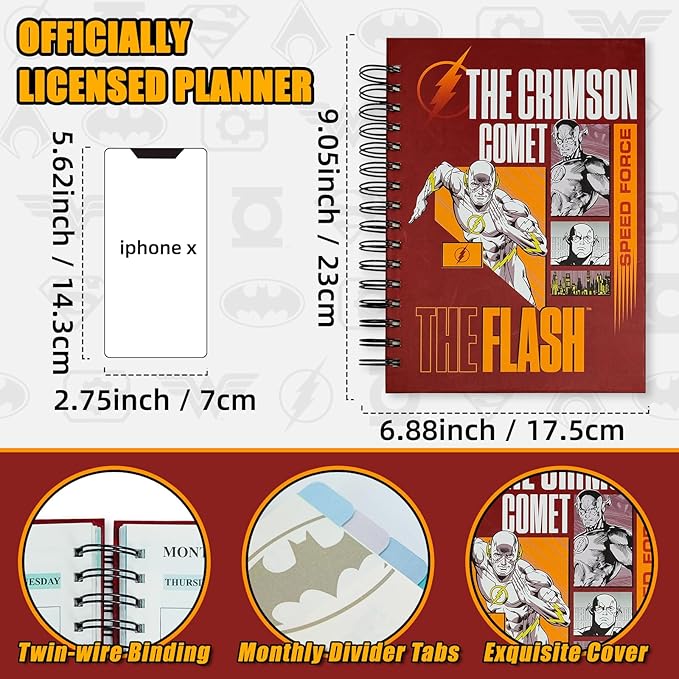 Cool Hero Academic Planner, Weekly Monthly Daily Agenda, Custom Date Organizer for Junior，Senior Students, Spiral Bound Notebook with Colorful Tabs,Datebooks for Time Management (Red and Yellow)