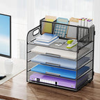 Marbrasse 5 Tier Paper Organizer with 3 Pen Holders, Mesh Desk File Organizer with Handle, Paper Sorter Desk Organizer for Home Office Supplies(Black)