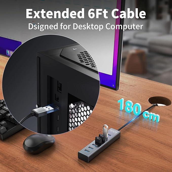6Ft 7-Port USB 3.0 Hub for Desktop, Aluminium USB Extender Hub 5Gbps, Multiport Adapter, Long Cable for Desktop, PC, Flash Drive, Mobile HDD, Windows/XPS, 1.8m