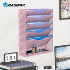 6 Tier Hanging File Organizer, Mesh Wall File Holder Paper Folder Rack with Bottom Flat Tray for Office Home, Pink