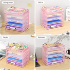 Marbrasse 5-Tier Letter Tray Paper Organizer with Handle, Multi-Functional Mesh File Organizer for Desk, Adjustable Compartments Mesh Desktop Storage for Office Supplies, Pink