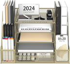 SUPEASY Mesh Desk Organizer with File Holder, 5-Tier Paper Letter Tray Organizer with Magazine Holder, Desktop Organizer and Storage with Drawer for Office Supplies Home or School, Yellow