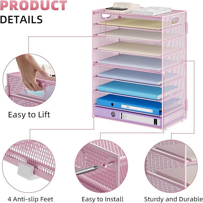 Marbrasse Paper Organizer Letter Tray, 9 Tier Mesh File Organizer with Handle, Paper Sorter Desk Organizer for Home Office Supplies - Pink