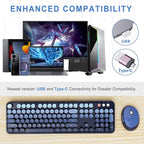 Wireless Keyboard and Mouse Combo, Ergonomic Full Size Typewriter Retro Round Keycaps Keyboard, Compatible with Windows, PC, Perfer for Home and Office Keyboards (Twilight Blue