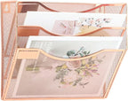 EASEPRES 3 Pocket Mesh Hanging Wall File Organizer, Wall Mounted Mail Paper Document Folder Holder, Clipboard Storage Organization Magazine Rack with Nametag Label for Office Home School, Rose Gold