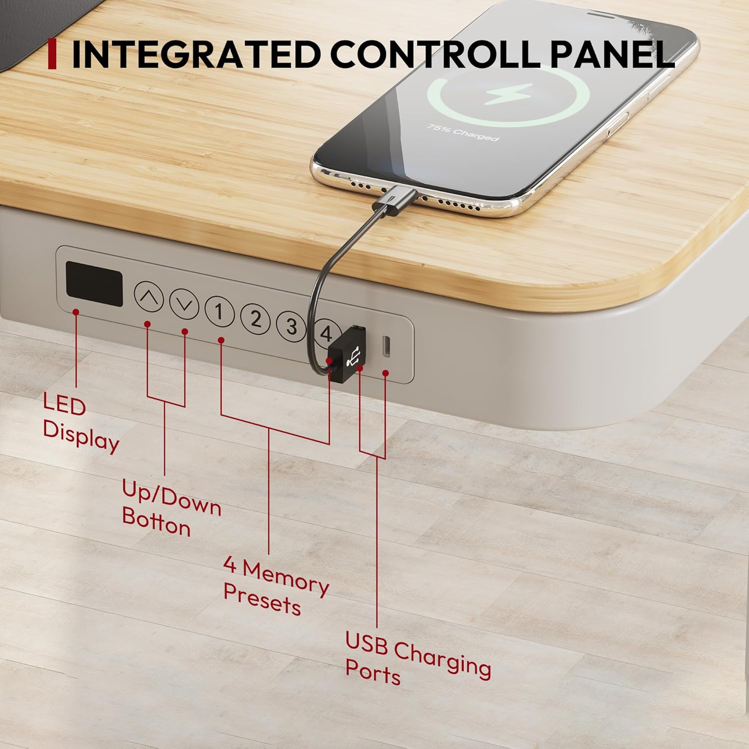 Standing Desk with Drawer, Electric Height Adjustable Home Office Desk with Storage & USB Ports, 48 inch Bamboo Texture Tabletop/White Frame
