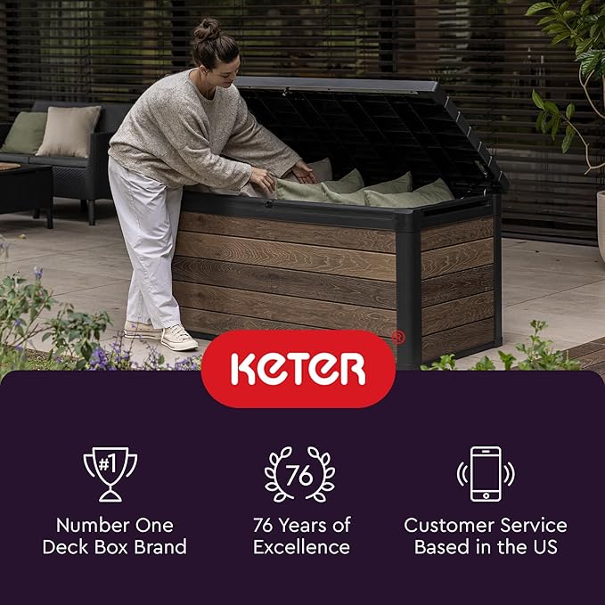 Keter Marvel Plus 71 Gallon Resin Deck Box-Organization and Storage for Patio Furniture Outdoor Cushions, Throw Pillows, Garden Tools and Pool Toys, Dark Grey