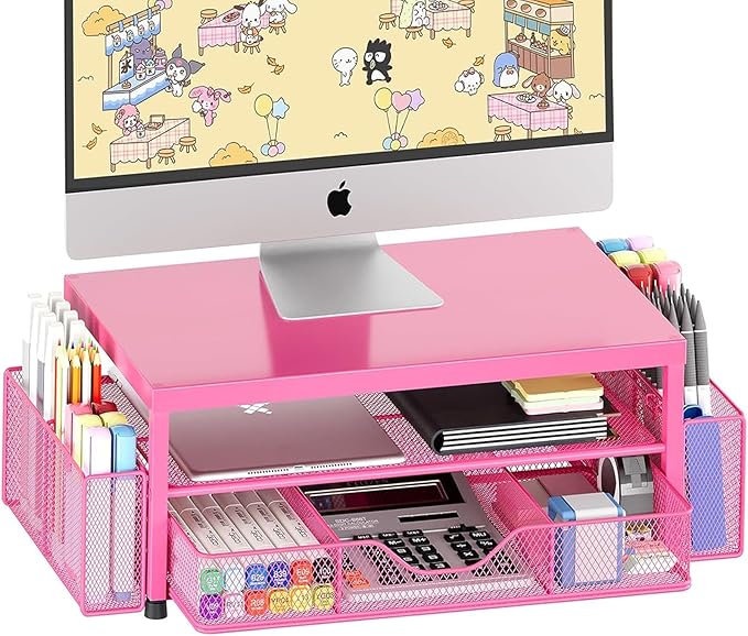 Desk Organizer and Accessories, 2-Tier Computer Monitor Stand with Drawer and 2 Pen Holders, Laptop Stand, Office Desk Accessories for Office Supplies, Carmine Rose