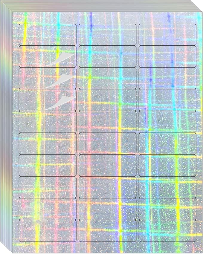 STARLIBOO 1" x 2-5/8" Address Labels- Holographic Color Stickers for Laser/Ink Jet Printer mailing Labels 8.5"×11"- Holographic Silver/ 30 per Sheet