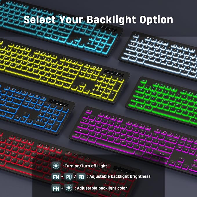 Backlit Wireless Keyboard, 2.4G Silent Wireless Light Up Keyboard, Full Size Computer Keyboards with 7 Colored Backlits, Rechargeable Keyboards for Windows, PC, Laptop (Black, Normative)