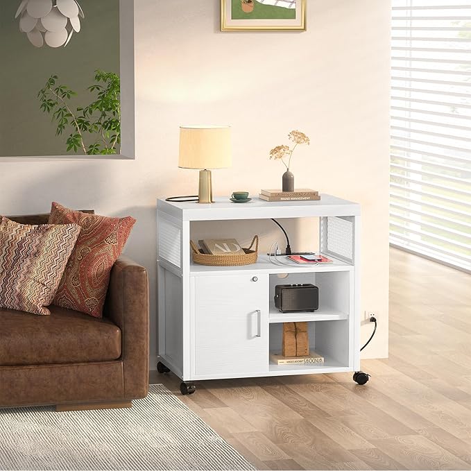 Unikito Rolling File Cabinet Lateral Office Filing Cabinets with Socket and USB Charging Port, Modern Printer Stand on Wheels, Printer Cabinet with Door and Open Storage, Lockable, White