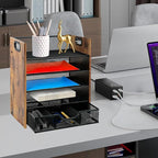 Wood Desk Organizer - 5-Tier Desktop File Organizer with Drawer, Wooden Paper Tray, Office Desk Organzier and Accessories for Papers, Mail, Notebooks, Stationery