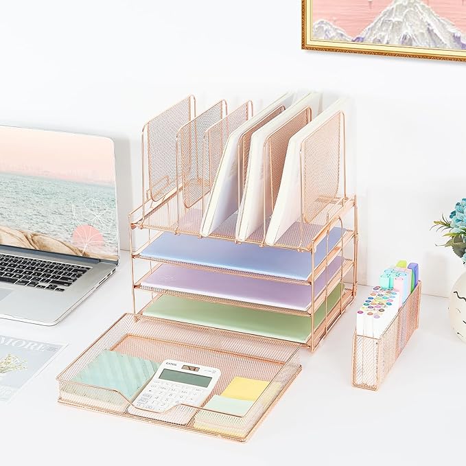 Desk Organizer with 5 Vertical File Holders, 3-Tier Paper Organizer and Drawer, Desk Accessories in Rose Gold