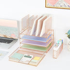Desk Organizer with 5 Vertical File Holders, 3-Tier Paper Organizer and Drawer, Desk Accessories in Rose Gold