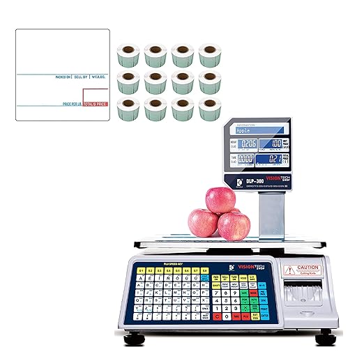 VisionTechShop DLP-300 Label Printing Scale Pole Display, 30/60lbs Capacity, 0.01/0.02lbs, NTEP Legal for Trade with a Free 1 case CAS LST-8020 UPC w/Ingredients Label, 58 x 60 mm