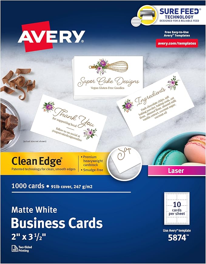 Avery Clean Edge Printable Business Cards with Sure Feed Technology, 2" x 3.5", White, 1,000 Blank Cards for Laser Printers (5874)