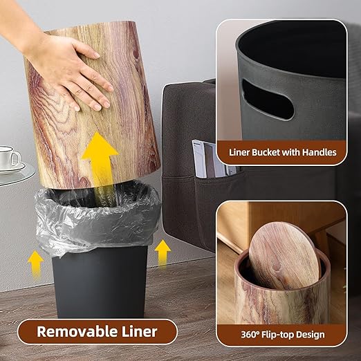 Wood Grain Plastic Trash Can Swing Top Lid, 4Gal/15L Farmhouse Wastebasket Bin Retro Style with Inner Bucket, Bathroom Trash Can Hidden Bag for Room Aesthetic, Round Brown Garbage Can 2pack