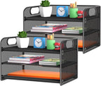 samstar 2 Pack 3 Tier Letter Tray Paper Organizer with Handle, Mesh Desk Organizer Paper Sorter File Rack Shelves, Black