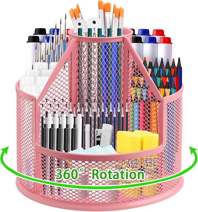 Sturdy Rotating Pen Holder, Cute Metal Pencil Holder, Large Mesh Pen Organizer for Desk, Premium Friendly Office Desk Accessories & Workspace Organizers, Pink