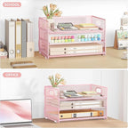 Subekyu 3 Tier Paper Letter Tray Organizer for Desk, Pink Metal Mesh File Folder Sorter Organizer with Handle and 1 PC Sliding Tray for Home Office School Desk Supplies Organization Storage