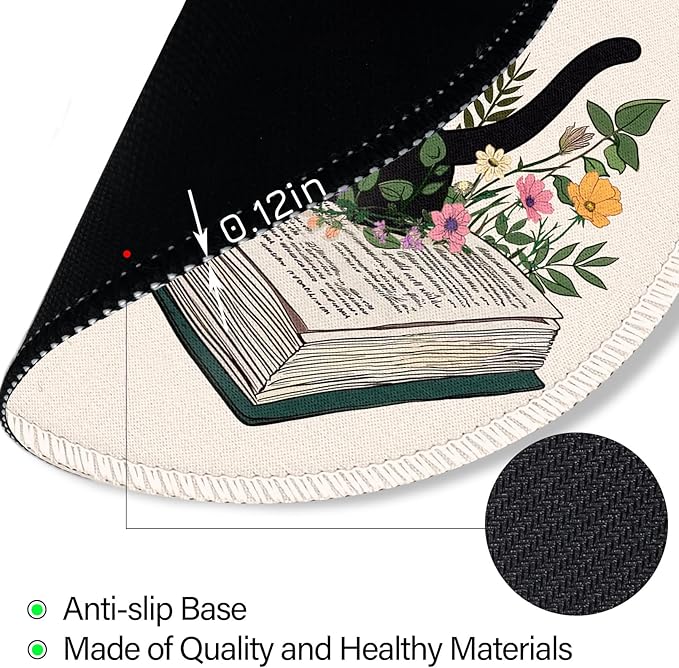 Book Black Cat Floral Flowers Mouse Pad, Small Round Mousepads for Desk, Mini Travel Mouse Mat for Wireless Computer Laptop, Work Office Desk Accessories, 8.6 x 8.6 inch