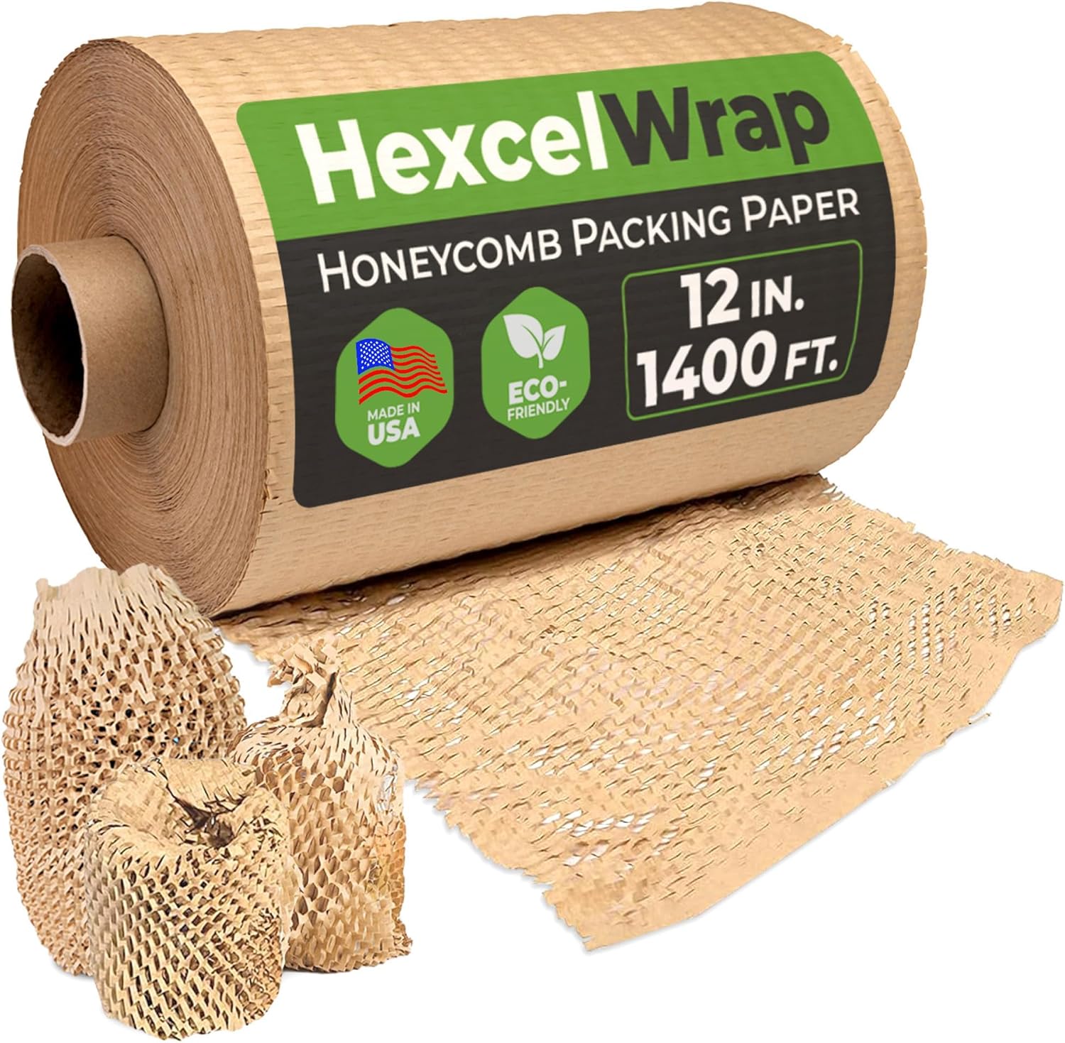 HexcelWrap Honeycomb Packing Paper - Eco-Friendly, Sustainable Paper Bubble Wrap for Shipping and Moving, Cushioned Packing Material. No Tape Needed - Natural, 12" x 1400'
