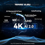 Tenveo NDI PTZ Camera 4K AI Auto-Tracking 12X Optical Zoom USB3.0 LAN PoE HDMI Wide Angle Lens IP Live Streaming Camera for Church Worship Video Conference Broadcast Events YouTube OBS vMix