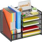 Marbrasse Desk Organizer with File Holder, 5-Tier Paper Letter Tray Organizer, Mesh Desk Organizers and Accessories with Magazine Holder, Desktop Storage for Office Supplies (Black)