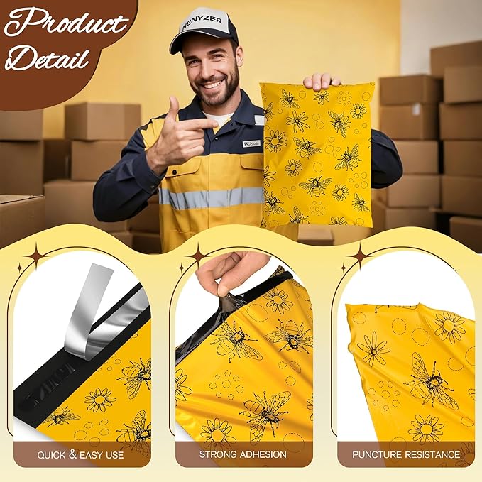 Bees Poly Mailer 14.5x19 Inch 50 Pcs, Waterproof Shipping Bags for Clothing, Tear-Resistant Mailier Bags, Strong Mailing Bags with Self-Seal
