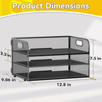 3 Tier Paper Organizer Tray with Handle, Mesh Letter Tray for Office, Home, School (1 Pack), Black